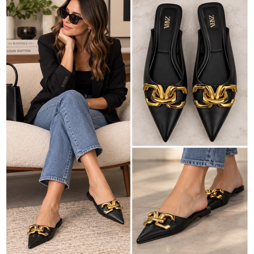 Zara Mules Pointed Toe Black Gold Chain Link Flat Slip On Size 40 U.S. 9